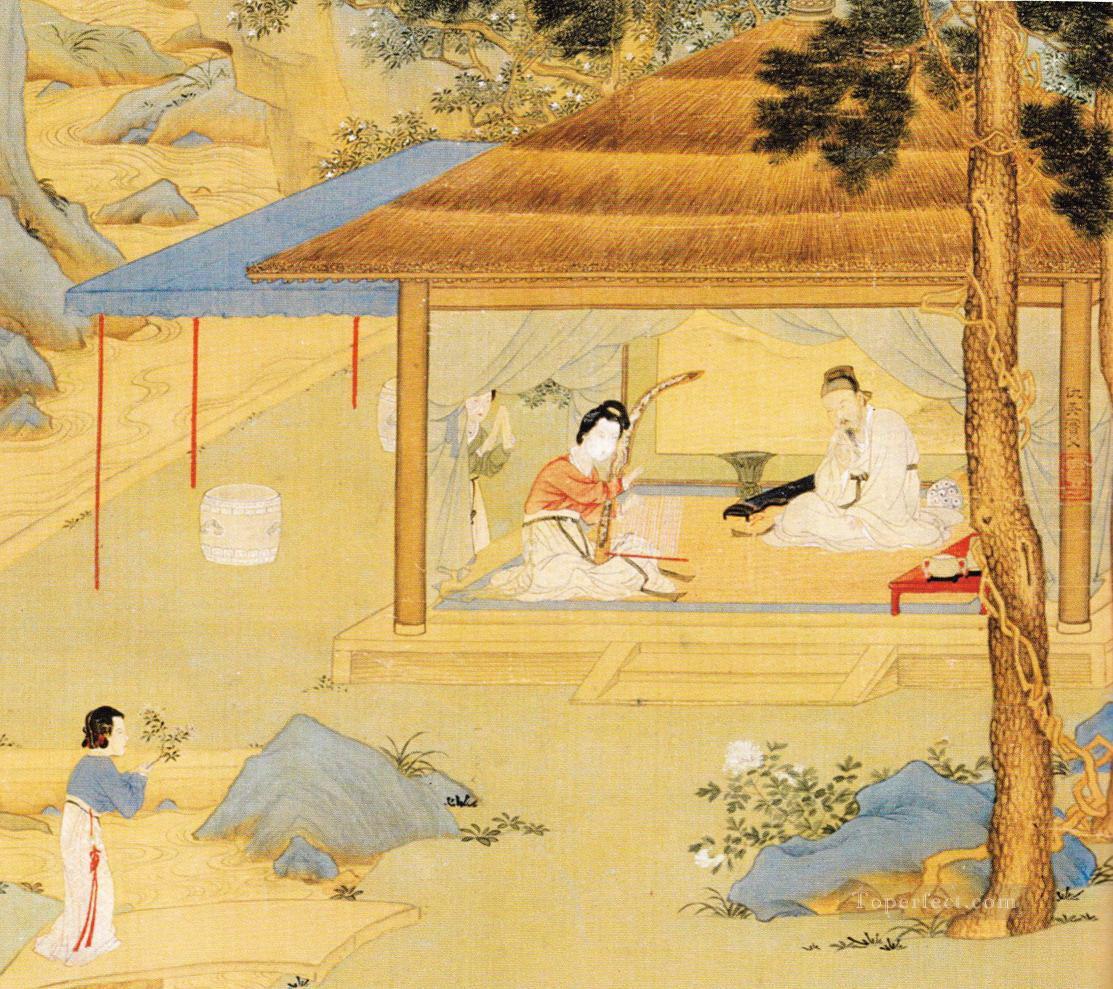 konghou player in a pavillion old China ink Oil Paintings